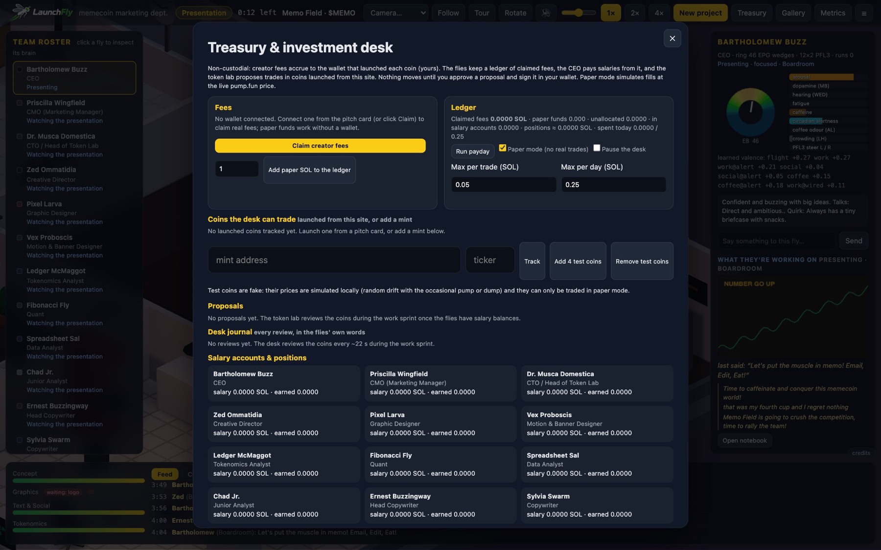 The treasury panel: claimed fees, salaries, the investment desk and its proposals