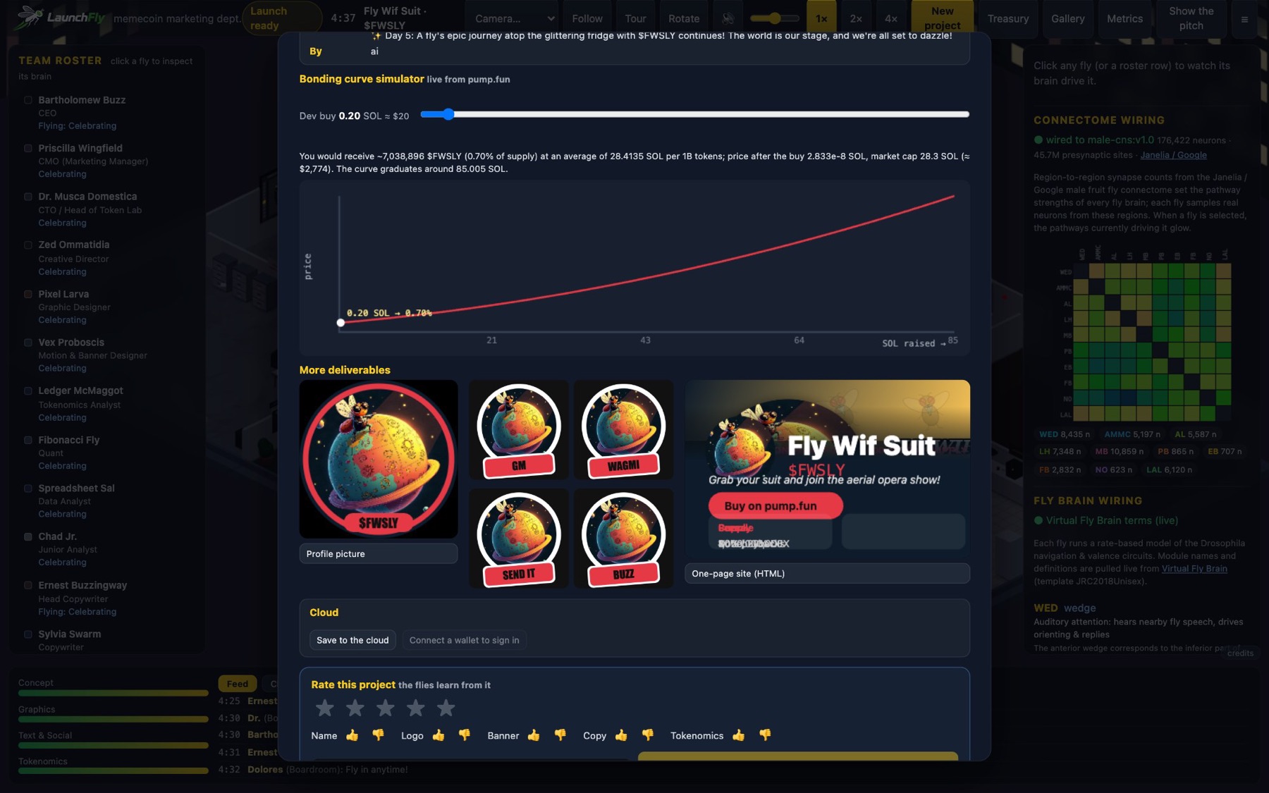 The pitch card: bonding-curve simulator, profile picture, stickers and the one-page site