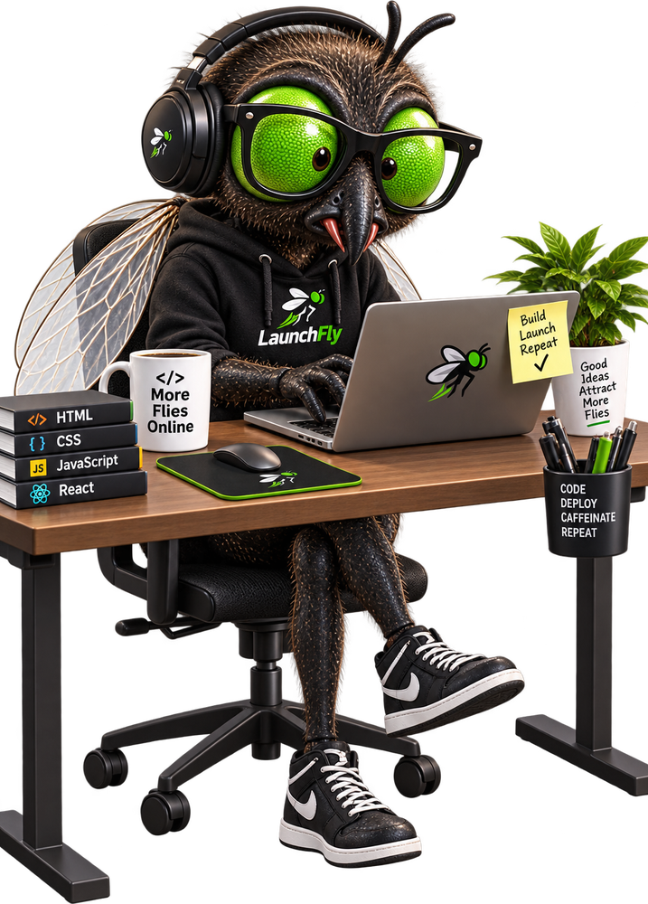 Dr. Musca Domestica, the CTO, coding on a laptop in a LaunchFly hoodie