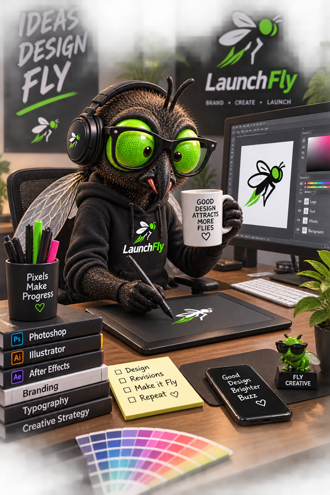 Pixel Larva, the graphic designer, at a desk with a drawing tablet