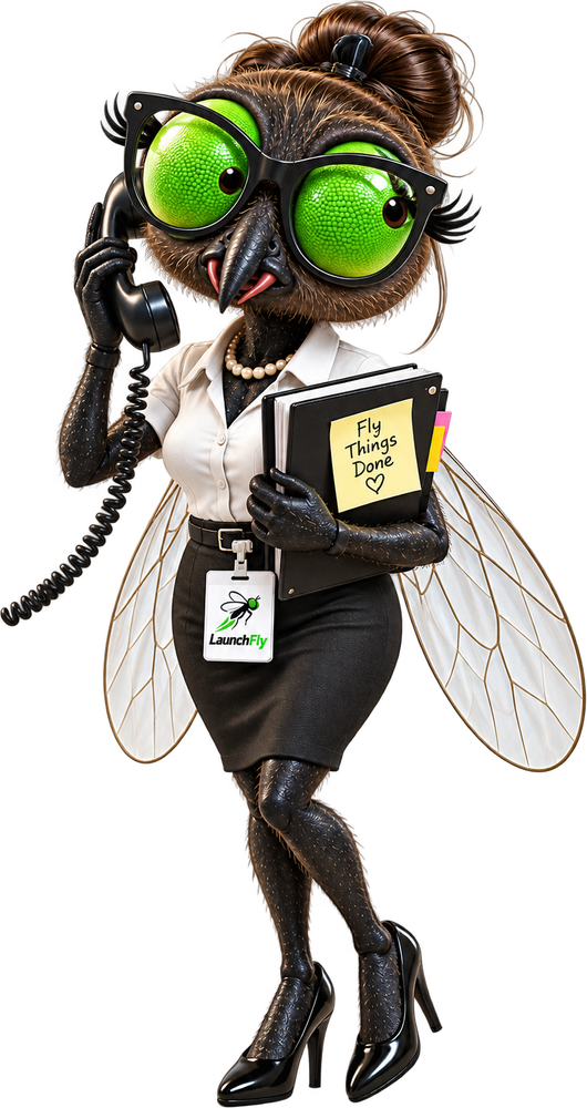 Dolores Drosophila, the receptionist, on the phone with a folder